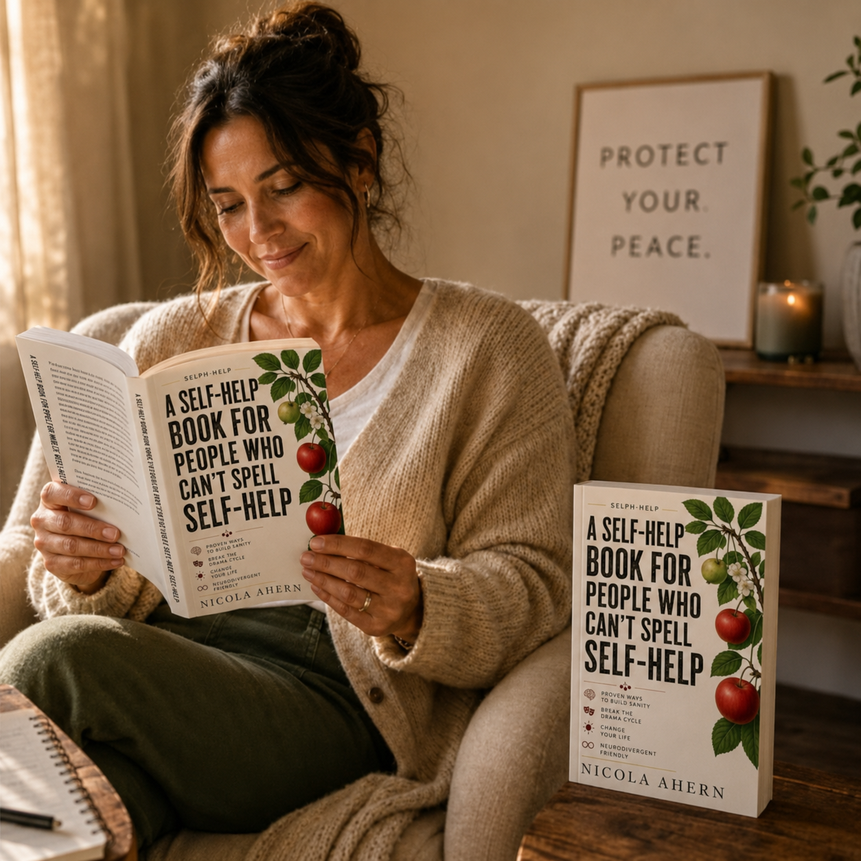 Reader holding A Self-Help Book For People Who Can't Spell Self-Help