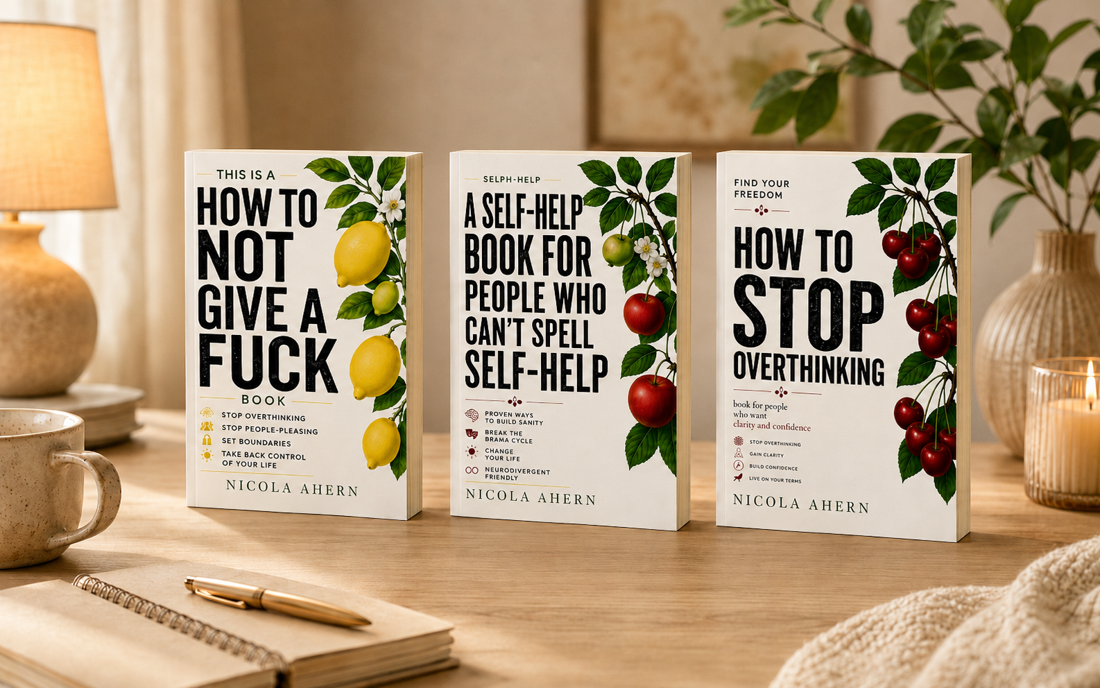 Three self-help books by Nicola Ahern on a warm wooden desk